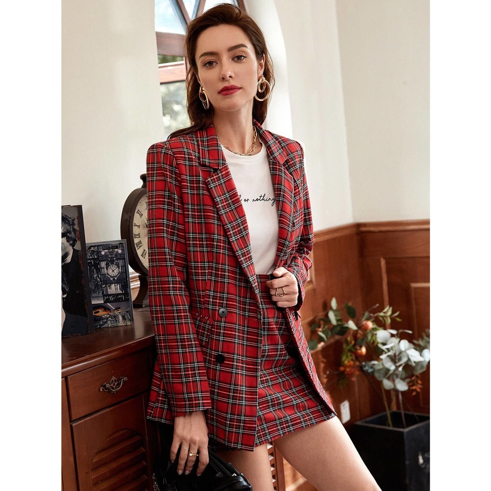 2 piece skirt set: Double Breasted Tartan plaid Blazer & mini Skirt red - Picture 8 of 11